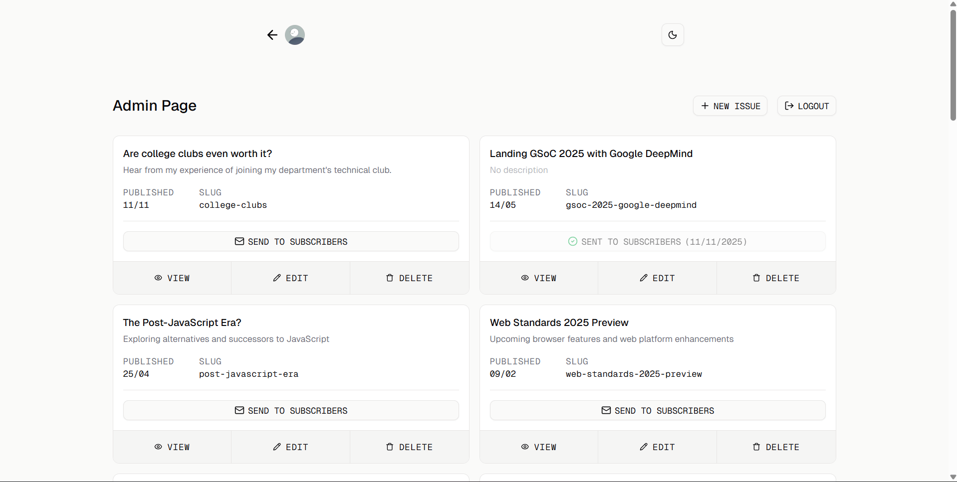 Admin Page Screenshot